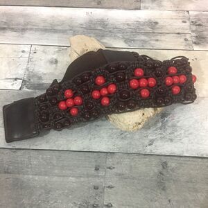 Beaded leather crochet stretch snap belt Medium